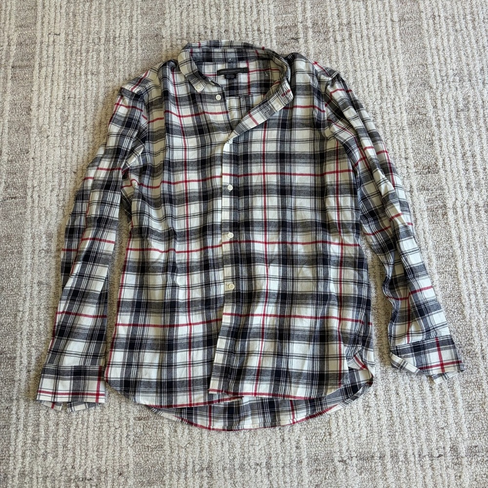 French Connection Mens Plaid Button Down Shirt Long Sleeve White Black Red L